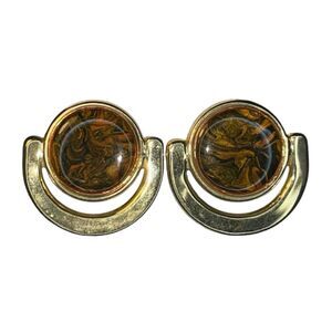 Vintage 80s Enamel Earrings Tigers Eye Door Knocker Gold Tone Metal Clip-On
